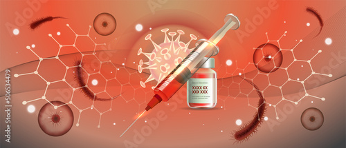 Vaccine and Vaccination concept with syringe injection. COVID19 booster for awareness against epidemic disease spread, symptoms or precautions. Corona virus design with microscopic view background. 