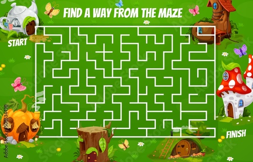 Labyrinth maze with mushroom, teapot, stump, boot and pumpkin houses. Cartoon vector board game worksheet for kids recreation, boardgame with path, start and finish, educational children riddle task