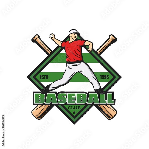 Baseball sport icon with pitcher and crossed bats, vector symbol. Baseball team tournament or softball league championship cup icon with player on diamond field