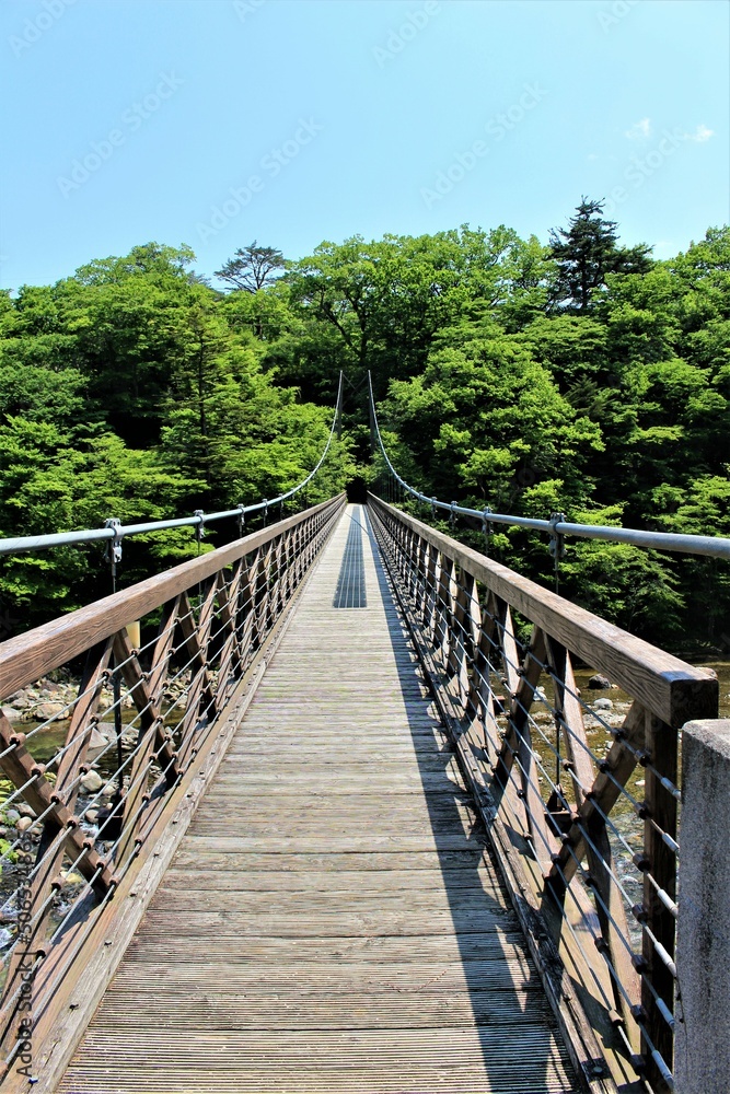 栃木県那須塩原市の七つ岩の吊橋（渡る人の目線）