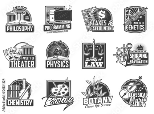 College or university education faculties icons. Theater, classical music and painting art, physics, chemistry and botany science, accounting, programing and shipping, philosophy faculty vector emblem