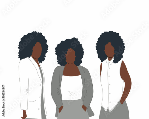 Black women stand together. Women's community. Female solidarity. Afro hair stile. Vector illustration.