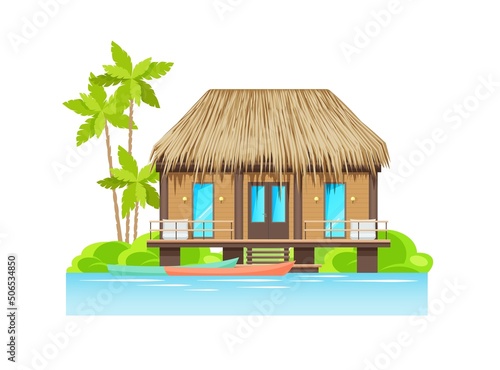 Modern bungalow exterior on island by water with parked boats, vector architecture. Bungalow house with thatching roof of reed straw, dwelling hut on river or ocean, tropical cottage cabin with palms