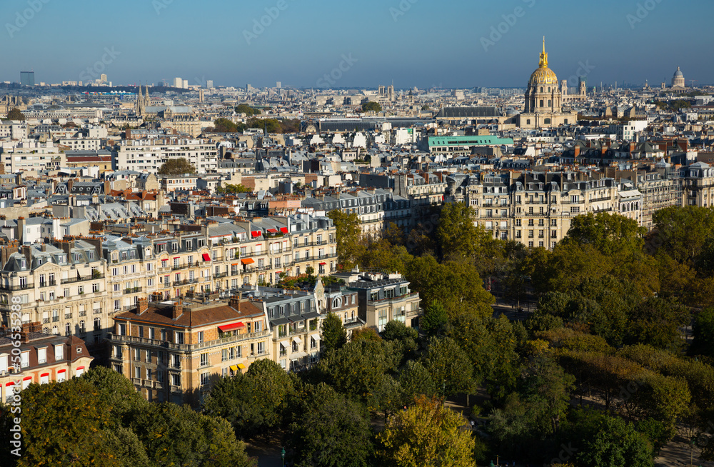 Aerial panoramic view of center of Paris on sunny day