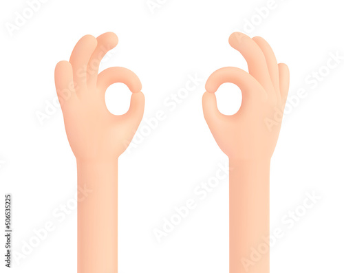 OK, human hand gesture isolated on white. Views from different sides of the hand. Approval, acceptance, consent, good condition. All Right, Good, All is Well Concept. 3d cartoon. Vector