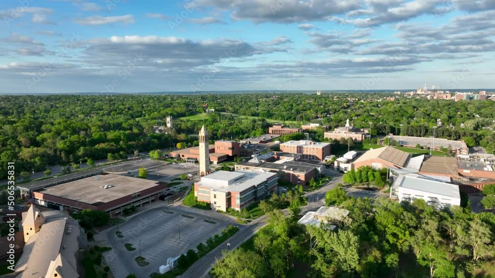 Aerial approach of public university campus in Omaha Aerial approach of public university campus in Omaha
