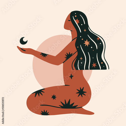 Young spiritual woman sitting and reaching to the moon. Witch and celestial concept hand drawn vector illustration.
