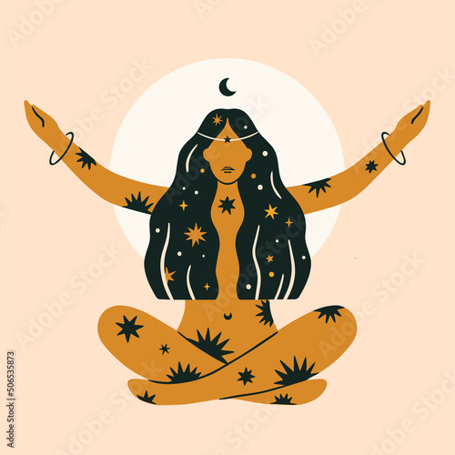 Young spiritual woman sitting with legs crossed and arms raised to the moon. Witch and celestial concept hand drawn vector illustration.
