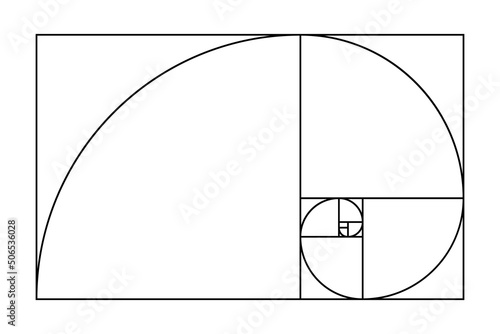 Golden ratio spiral. Geometric ideal proportion, divine sections template on white background. Mathematics symmetry shapes, geometry grid, vector illustration