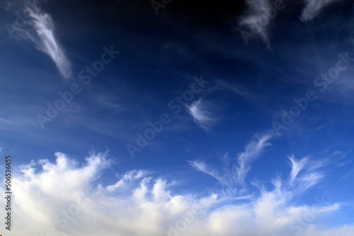 Blue sky with soft feather clouds