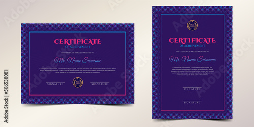 blue and magenta certificate of achievement border template with luxury badge and dots pattern