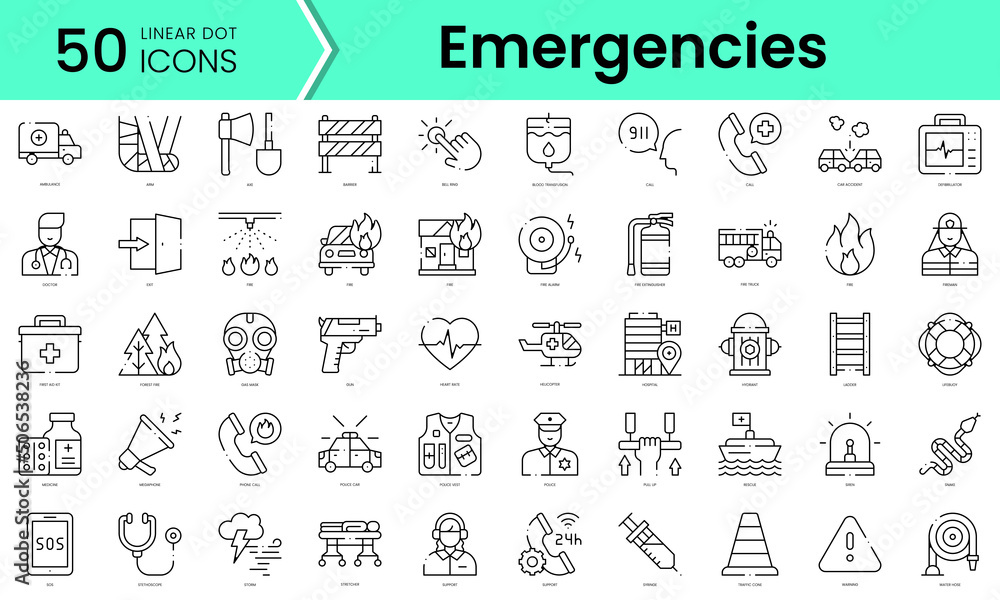 Set of emergencies icons. Line art style icons bundle. vector illustration
