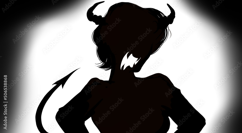 ツノとしっぽの生えた悪魔コスプレした恐妻の白黒切り絵風シルエットイラスト Stock Illustration Adobe Stock