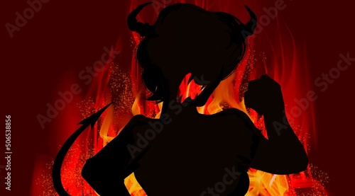 メラメラ燃える赤い炎と悪魔コスプレ妻の白黒切り絵風シルエット