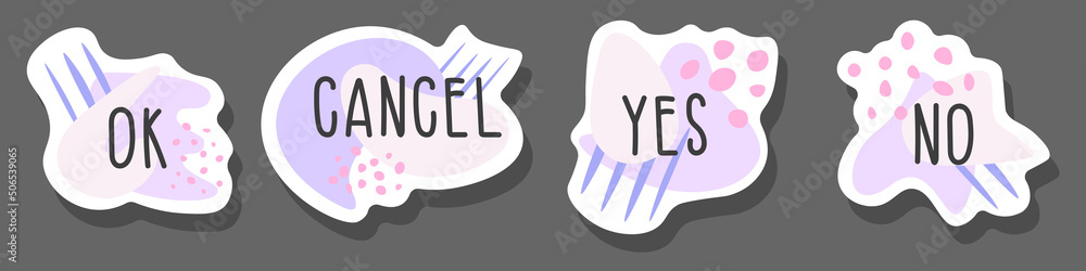 Set of flat icon template with text Ok, Cancel, Yes, No in purple and dark gray with shapes, lines and dots for web, posters, stickers Set of flat icon template with text Ok, Cancel, Yes, No in purple and dark gray with shapes, lines and dots for web, posters, stickers
