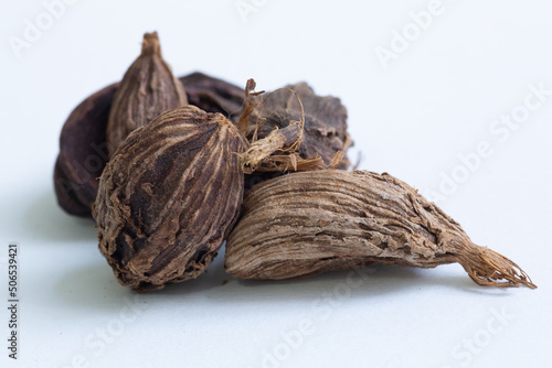 A top down image of black cardamom a spice commonly used in many traditional Indian dishes and cuisines, isolated on a white background