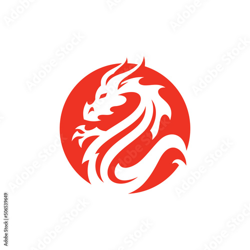 Negative space dragon serpent in a circle shape logo design. Dragon vector icon