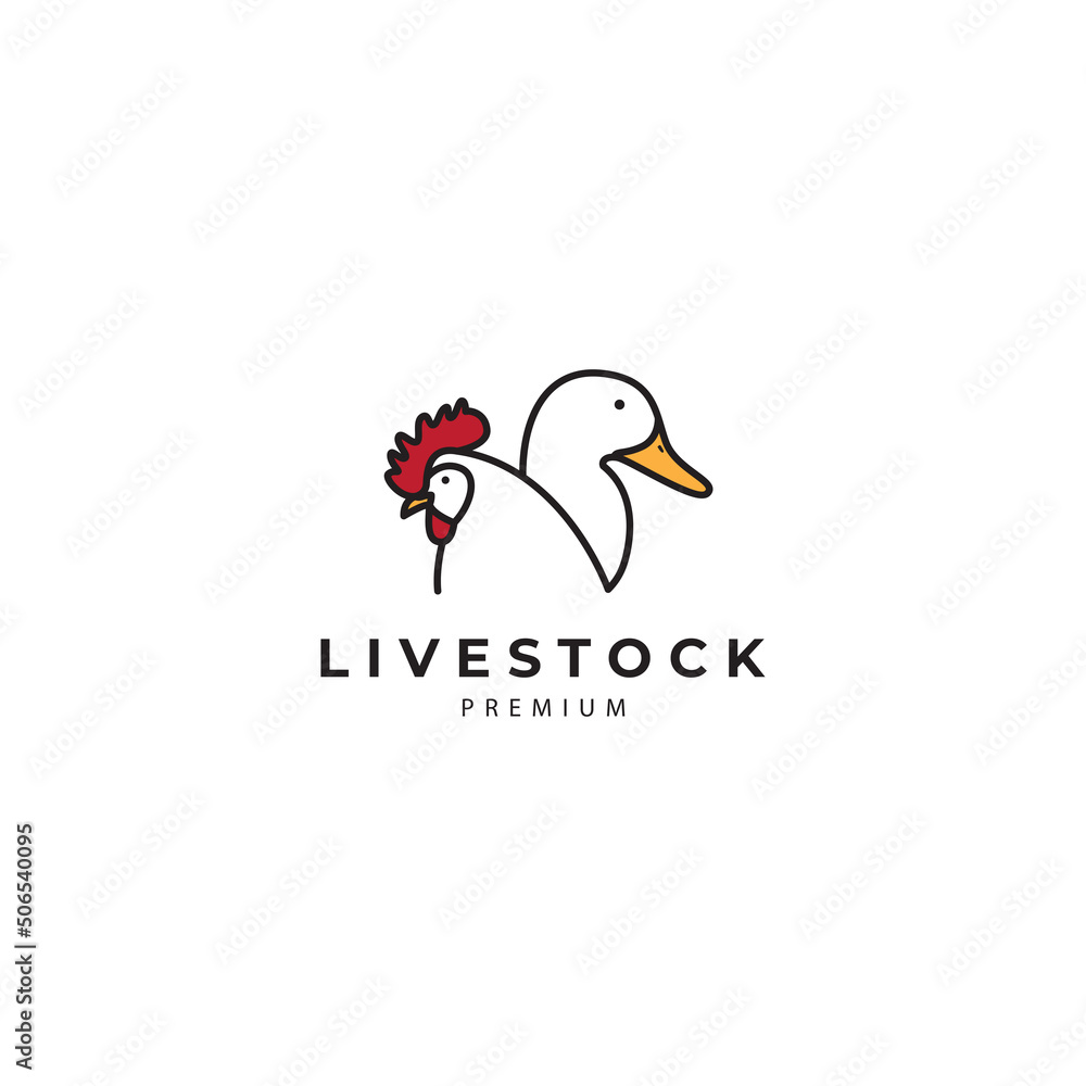 Obraz premium poultry farm animals chickens and ducks line style logo design vector icon illustration