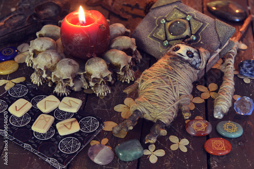 Obraz na płótnie Wicca, esoteric and occult still life with vintage magic objects and voodoo doll on witch table altar for mystic rituals and fortune telling