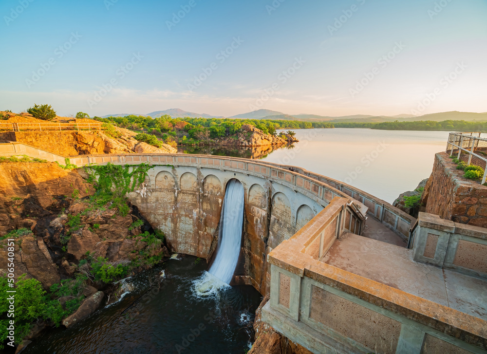 Sunny view of the Quanah Parker Dam of Wichita Mountains Wildlife Refuge