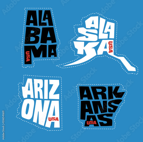 Alabama, Alaska, Arizona, Arkansas state names distorted into state outlines. Pop art style vector illustration for stickers, t-shirts, posters and social media.