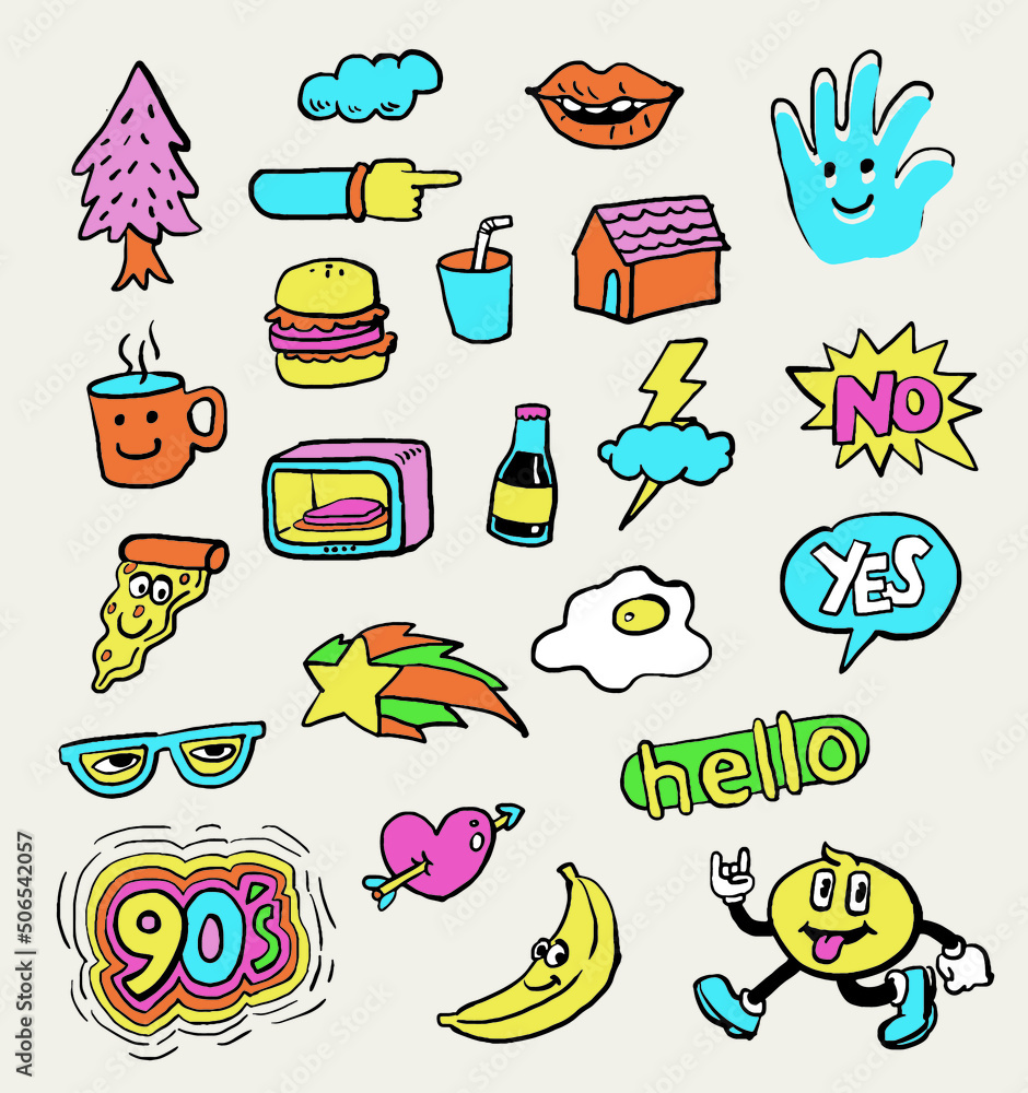 Cartoon pin badge icon from the 90's doodle Vector illustration.