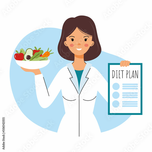 Family nutritionist. Happy doctor. Healthy nutrition and diet plan. Vector character in flat style.