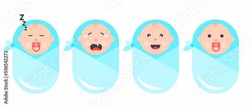 Set of happy, crying, sleeping and calm babies. Flat design vector graphics.