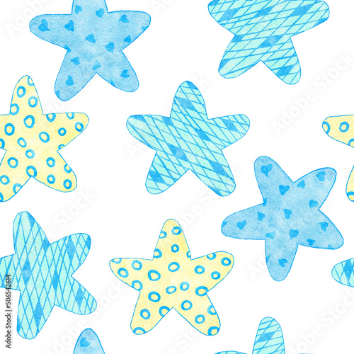 Watercolor hand drawn seamless pattern of blue boy baby shower fabric print. Pastel nursery stars rainbow balloons clouds. Cute kawaii birthday invite invitation illustration design transport car.