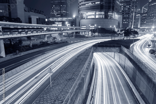 Night Traffic in downtown of Hong Kong city