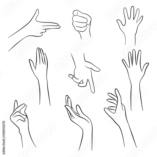 Hands set elements pose. Make a symbolic gesture gun, spread out hand, point, flick your finger, giving blessing. Vector illustration.