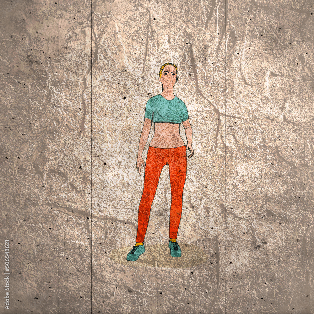 Obraz premium Standing woman. Sport girl illustration. Casual sportwear - t-shirt, breeches and sneakers. Young woman wearing workout clothes. Sport fashion girl outline in urban casual style.
