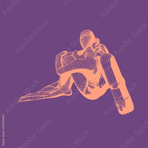 Monochrome silhouette of sitting diver. Mesh grid texture