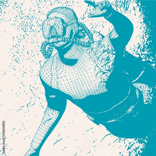 Monochrome silhouette of diver. Mesh grid texture