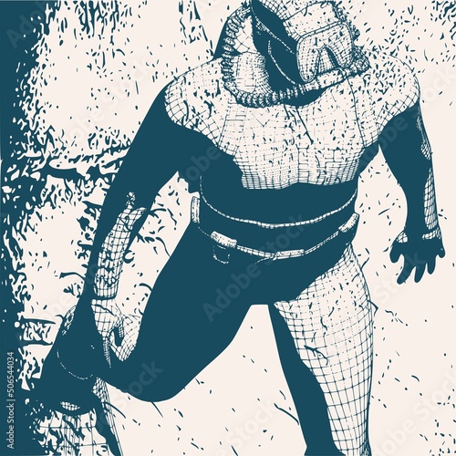 Monochrome silhouette of diver. Mesh grid texture