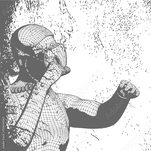 Monochrome silhouette of scuba diver in a combat stance. Mesh grid texture