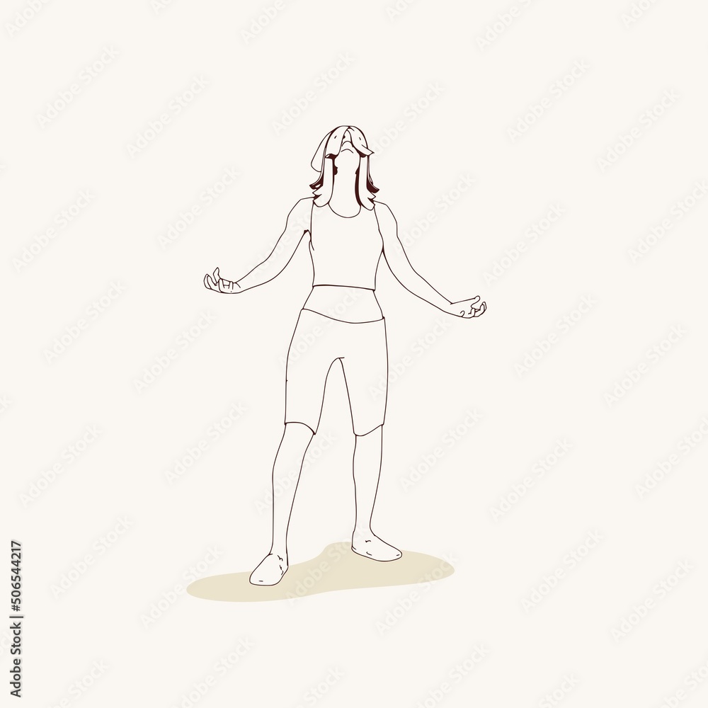 Standing woman. Sport girl illustration. Casual sportwear - t-shirt, breeches and sneakers. Young woman wearing workout clothes. Sport fashion girl outline in urban casual style. Standing woman. Sport girl illustration. Casual sportwear - t-shirt, breeches and sneakers. Young woman wearing workout clothes. Sport fashion girl outline in urban casual style.
