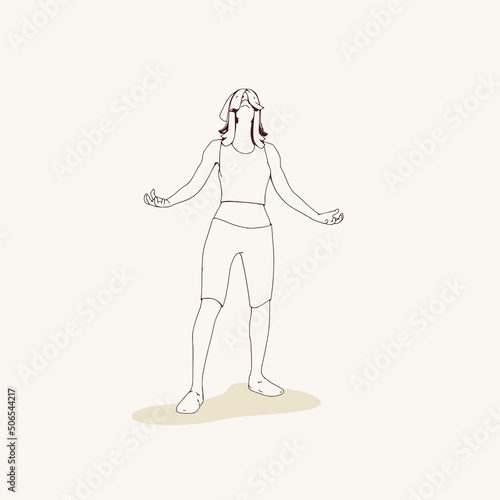 Standing woman. Sport girl illustration. Casual sportwear - t-shirt, breeches and sneakers. Young woman wearing workout clothes. Sport fashion girl outline in urban casual style.