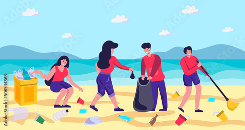 Flat illustration, concept, banner. Volunteers collect trash on the beach on the sea. which is to protect the environment The beautiful sea makes it attractive to tourists.