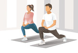 Motivated  young couple exercising together at home, positive a man and woman in sportswear standing on fitness mat, stretching , copy space. Healthy lifestyle concept.