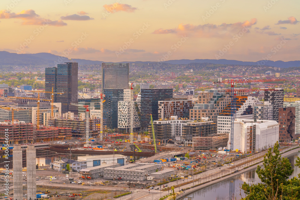 Naklejka premium Oslo waterfront downtown city skyline cityscape in Norway at sunset