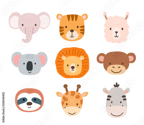 Fototapeta Naklejka Na Ścianę i Meble -  Set of cute portraits elephant, giraffe and koala in flat style. Drawing baby wild tiger face isolated on white background. Vector sweet sloth for kids poster and card. Jungle animal