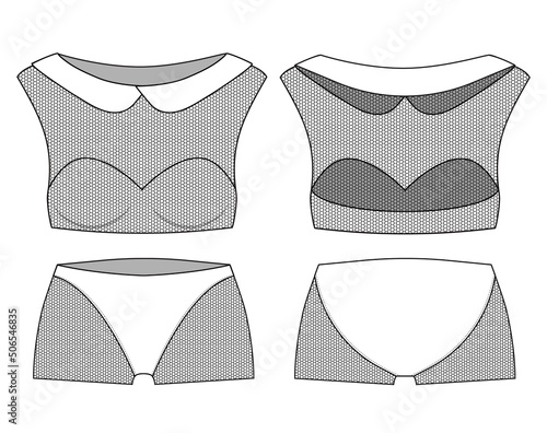 Sexy swimsuit, low collar and mesh decorated, fashion flat template. Fashion technical illustration for communication in garment production unit.