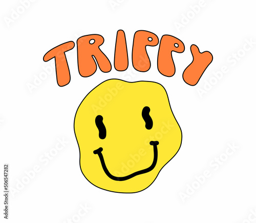 Psychedelic surreal sticker smiling face. Vector cartoon illustration with trippy lettering. Yellow groovy face on white background. Weird graphic 70s