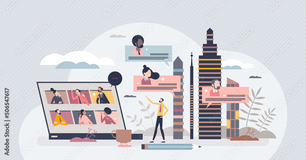 Hybrid work office or home as various job location places tiny person concept. Flexible and efficient lifestyle for business with digital online solutions vector illustration. Corporate workplace. - obrazy, fototapety, plakaty 
