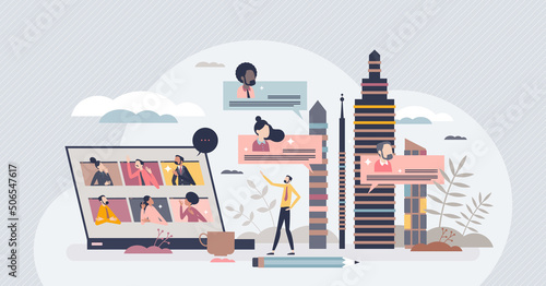 Hybrid work office or home as various job location places tiny person concept. Flexible and efficient lifestyle for business with digital online solutions vector illustration. Corporate workplace.