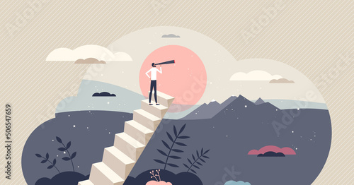 Vision of the future and looking for visionary ambition tiny person concept. Career challenge and goal direction searching in perspective vector illustration. Start new business with strong leadership