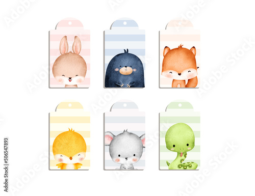 Set of Hangtag label with baby animal and stripe pastel background 