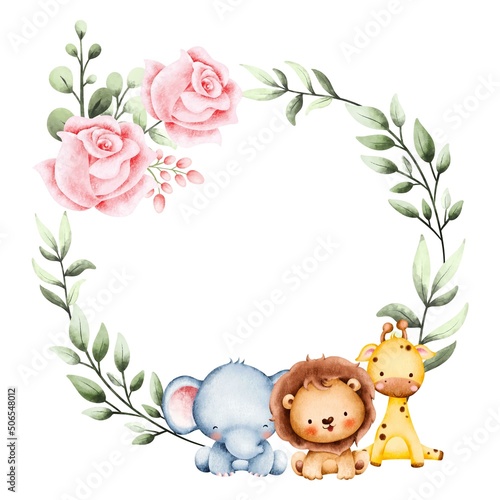 Watercolor Illustration Cute Baby Animal Frame template 