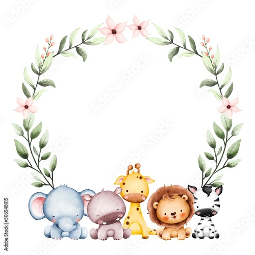 Watercolor Illustration Cute Baby Animal Frame template 